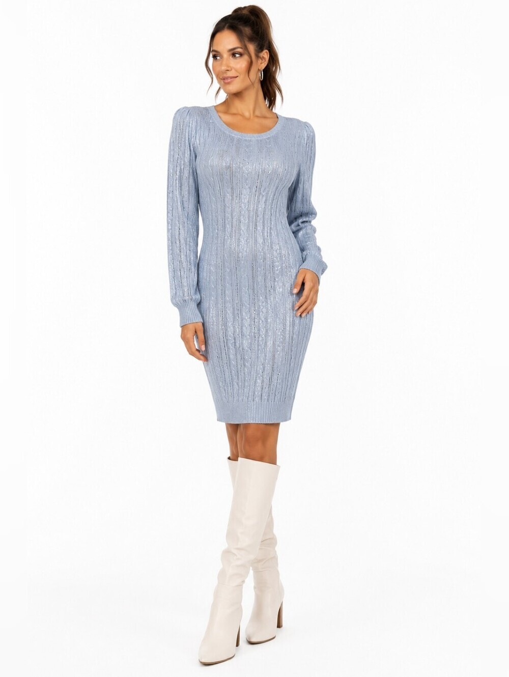 Crystal Doll NWT Blue Silver Metallic Cable Knit Sweater Dress Size L Shimmer